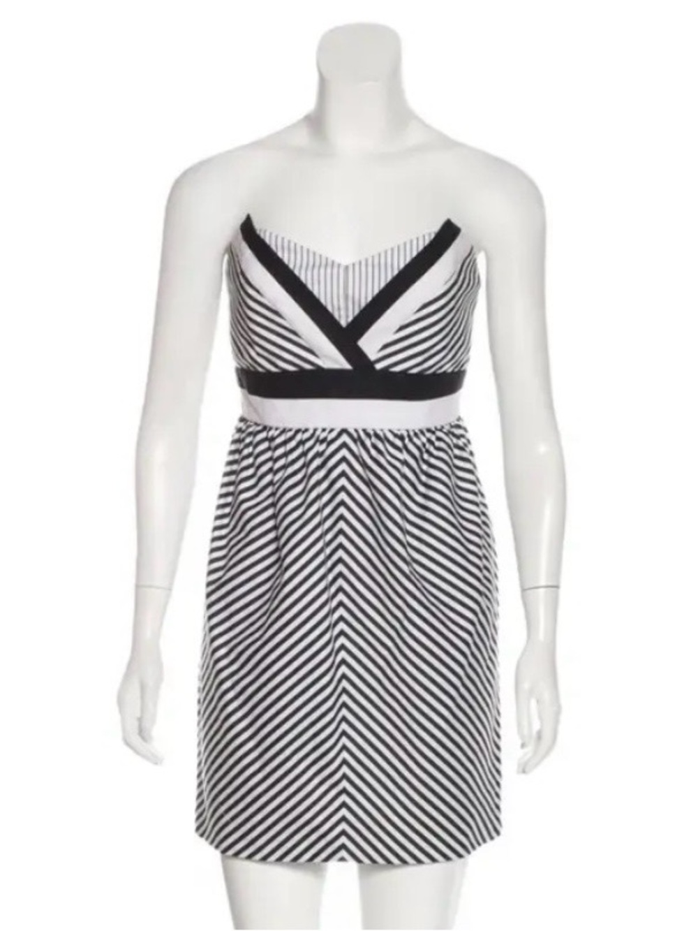 Alice + Olivia Strapless Fit Flare Mini Dress Black White Stripe 2 - Picture 2 of 10